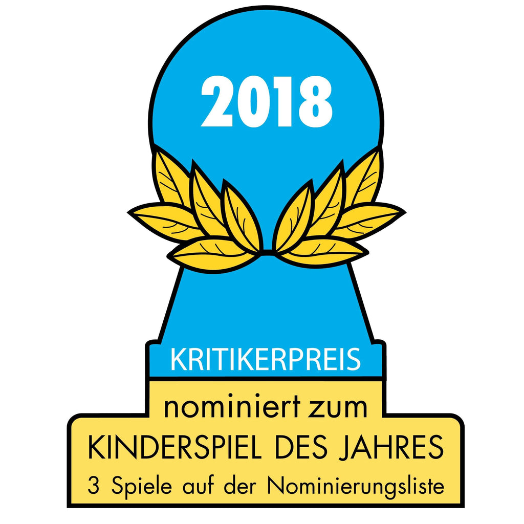 Blue and yellow award badge symbolizing the 2018 nomination of the Dragon's Breath Game for the Kinderspiel des Jahres critics' prize.