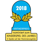 Blue and yellow award badge symbolizing the 2018 nomination of the Dragon's Breath Game for the Kinderspiel des Jahres critics' prize.