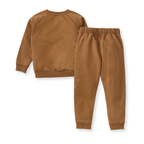 Brown children's sweatshirt and jogger pants set on a white background