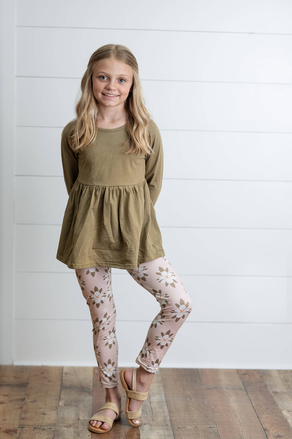 Adorable Sweetness - Girls Sage Green 3 Ruffles Shirt & Floral Leggings Fall Set