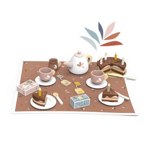 Speedy Monkey - Birthday Tea 18 Piece Pretend Play Set featuring a brown tea party mat, teapot, cups, plates with cake slices, spoons, and birthday candles for imaginative play.