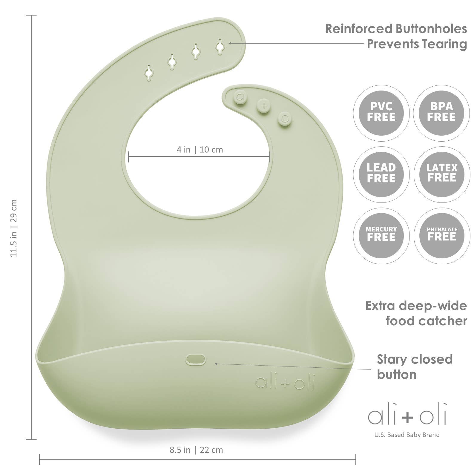Ali+Oli - Silicone Baby Bib Roll Up & Stay Closed (Light Sage)
