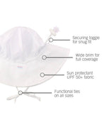 RuffleButts + RuggedButts - Kids Sun Protective Hat in white features a wide brim for full coverage, UPF 50+ sun protection, secure toggle for snug fit, and functional ties for comfort and safety.