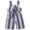 Fennco Styles - White-Grey Striped Sleeveless Girl Jumpsuit featuring wide vertical stripes, a front tie bow, and comfortable sleeveless design, perfect for stylish kids clothing.