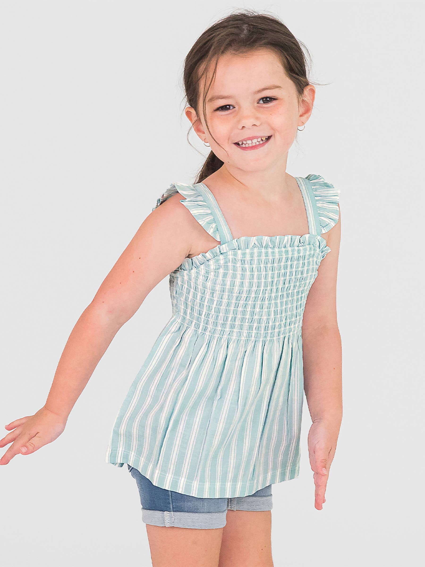 RuffleButts + RuggedButts - Girls Retro Stripe Smocked Tank Top: Brown / 12-18m