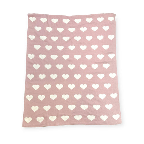 Pink baby blanket with white heart patterns made of soft organic cotton featuring the Viverano Organics - Hearts Reversible Sweater Knit Baby Blanket Organic Cotton, perfect for cozy baby essentials.