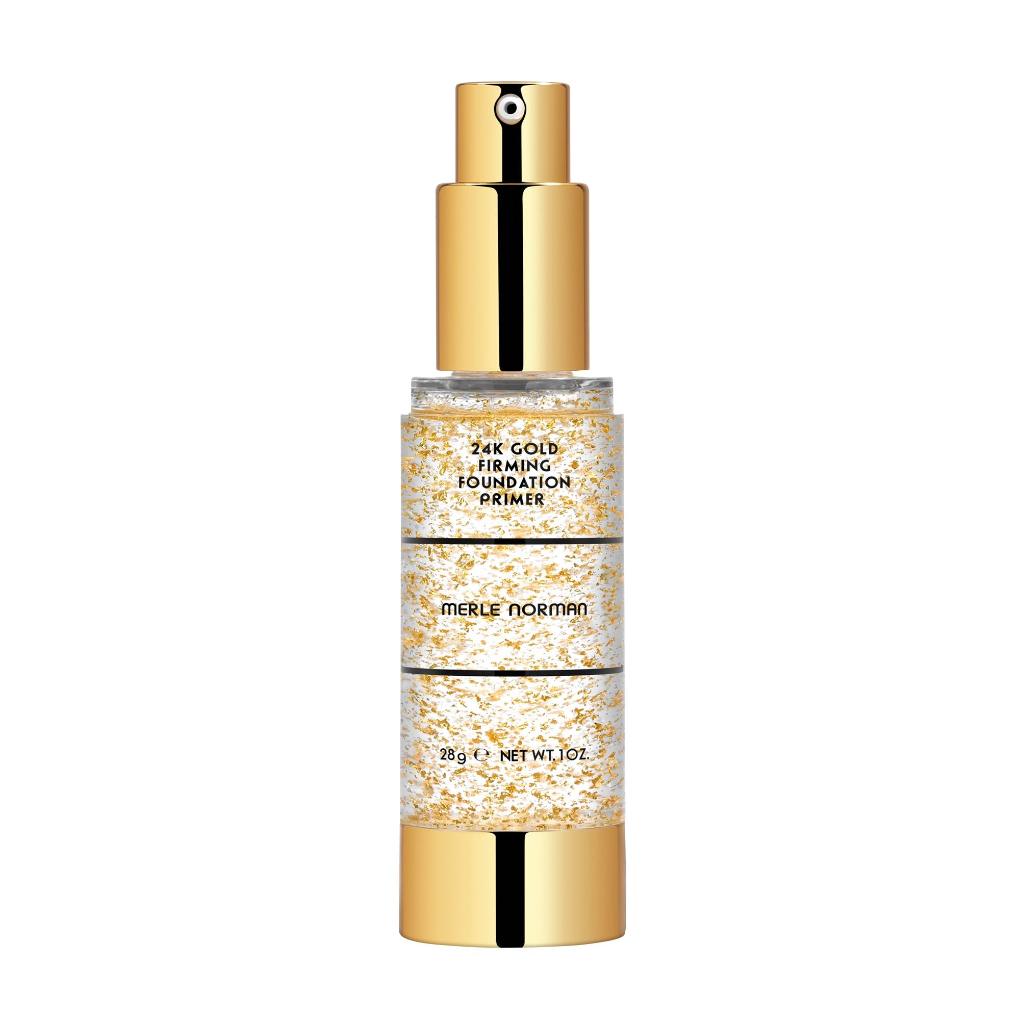 Merle Norman Cosmetics - 24K Gold Firming Foundation Primer in a clear pump bottle with gold flakes and shiny gold cap, designed for a luxurious skincare routine.
