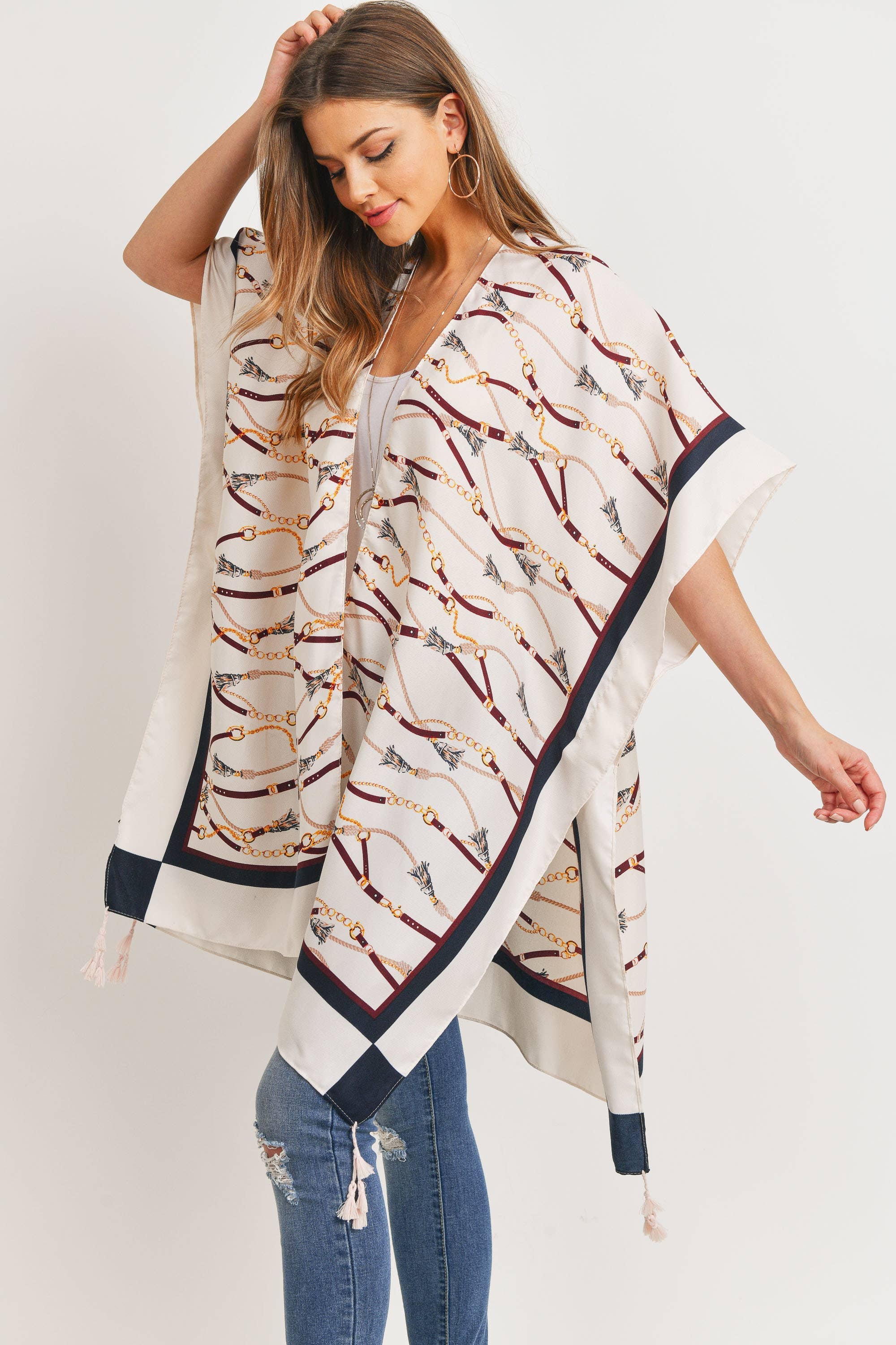 Love and Repeat - TASSEL LINE PRINTED OPEN FRONT KIMONO: MULTI