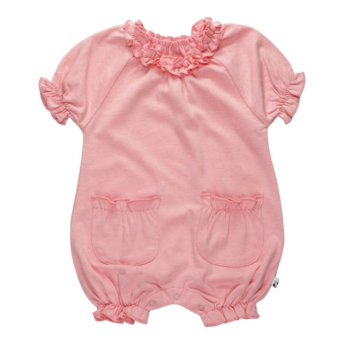 babysoy Inc - Basic Bubble Romper: Petal in soft pink with ruffled neckline, puff sleeves, and gathered pockets, crafted for cozy, stylish baby essentials in neutral tones.