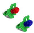 RaZbaby - RaZberry Silicone Teether 2PK - Red & Dark Blue featuring two leaf-shaped green silicone teethers with textured red and dark blue berry tips, ideal for soothing babies.