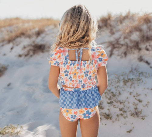 Adorable Sweetness - Girls Retro Checkered Flower Power 2 Piece Skirted Swimsuit
