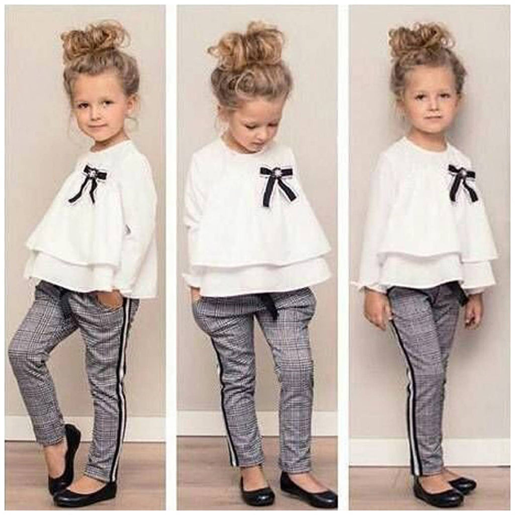 Fennco Styles - Ruffle Layered Blouse & Grey Tartan Pant 2pcs Girl Outfit: 3-4T