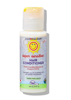 California Baby - (No Fragrance) Super Sensitive™ Hair Conditioner in a small bottle with a yellow cap, designed for babies, kids, and adults, featuring a gentle formula ideal for sensitive hair.