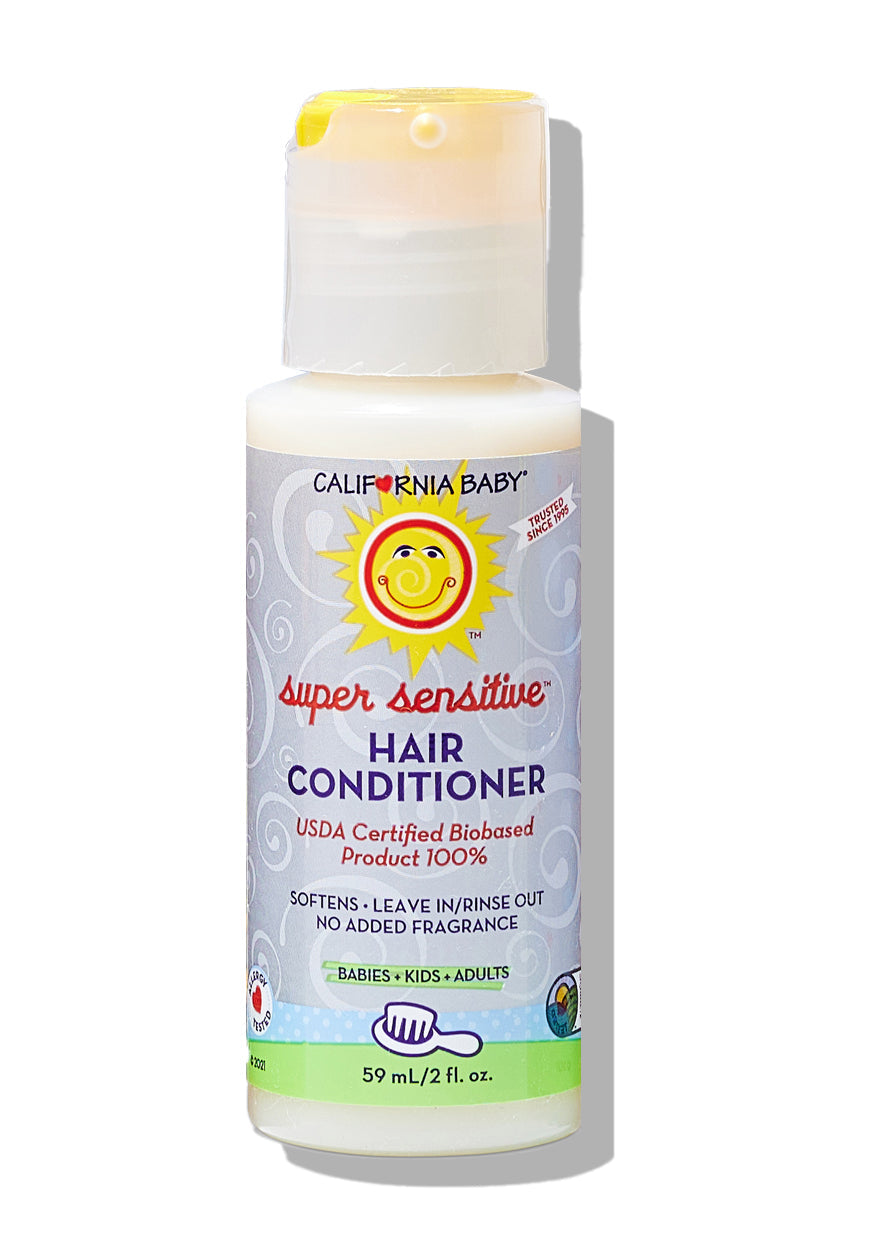 California Baby - (No Fragrance) Super Sensitive™ Hair Conditioner in a small bottle with a yellow cap, designed for babies, kids, and adults, featuring a gentle formula ideal for sensitive hair.