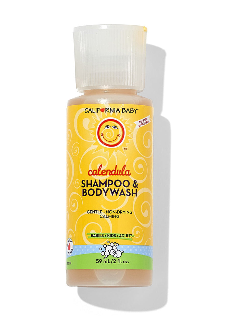 California Baby - Calendula™ Shampoo & Bodywash in a small yellow bottle with a smiling sun logo, designed for gentle, non-drying cleansing for babies, kids, and adults.