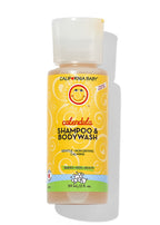 California Baby - Calendula™ Shampoo & Bodywash in a small yellow bottle with a smiling sun logo, designed for gentle, non-drying cleansing for babies, kids, and adults.