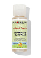California Baby - Tea Tree & Lavender™ Shampoo & Bodywash in a small bottle with natural cleansers, gentle formula for babies, kids, and sensitive adults, promoting soothing and refreshing care.