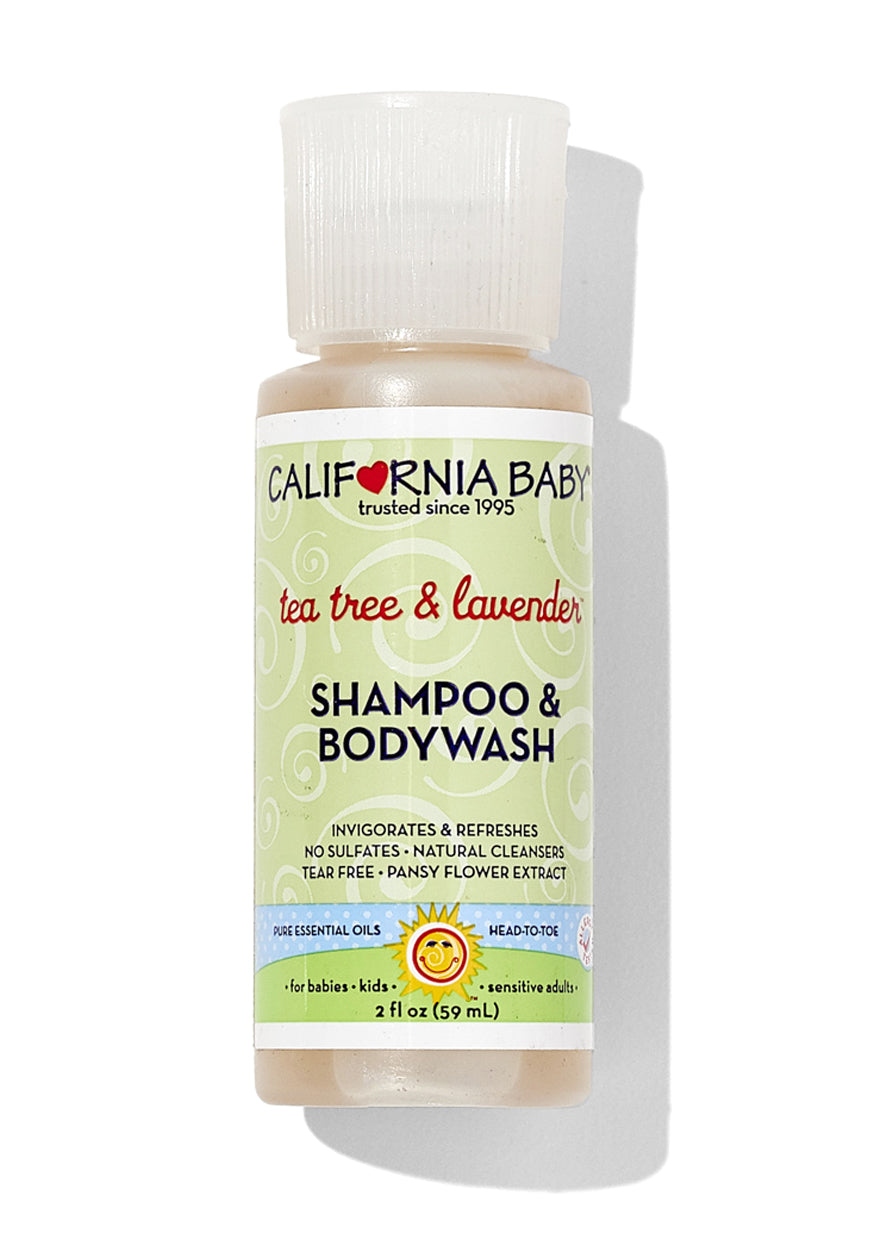 California Baby - Tea Tree & Lavender™ Shampoo & Bodywash in a small bottle with natural cleansers, gentle formula for babies, kids, and sensitive adults, promoting soothing and refreshing care.