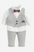 Fennco Styles - Grey & White 4pcs Tuxedo Boy Outfit featuring a white long-sleeve shirt, grey vest and pants, and a red polka dot bow tie with matching pocket square, perfect for stylish kids clothing.
