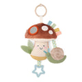 Soft plush mushroom toy with attached snail and teething ring, designed for sensory play and comfort, from Itzy Ritzy - Bitzy Traveler™: Mushroom, perfect for stylish essentials for little ones and moms.