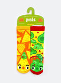 Pals Socks - Chips & Guac Mismatched Non-Slip Kids Socks featuring playful yellow chip and guacamole designs in bright orange, green, and red tones, perfect for stylish kids clothing.