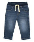 RuffleButts + RuggedButts - Boys Medium Wash Stretch Denim Pull-on Jeans feature a comfortable elastic waistband with drawstring, medium wash denim, and practical stretch fabric ideal for active toddlers.