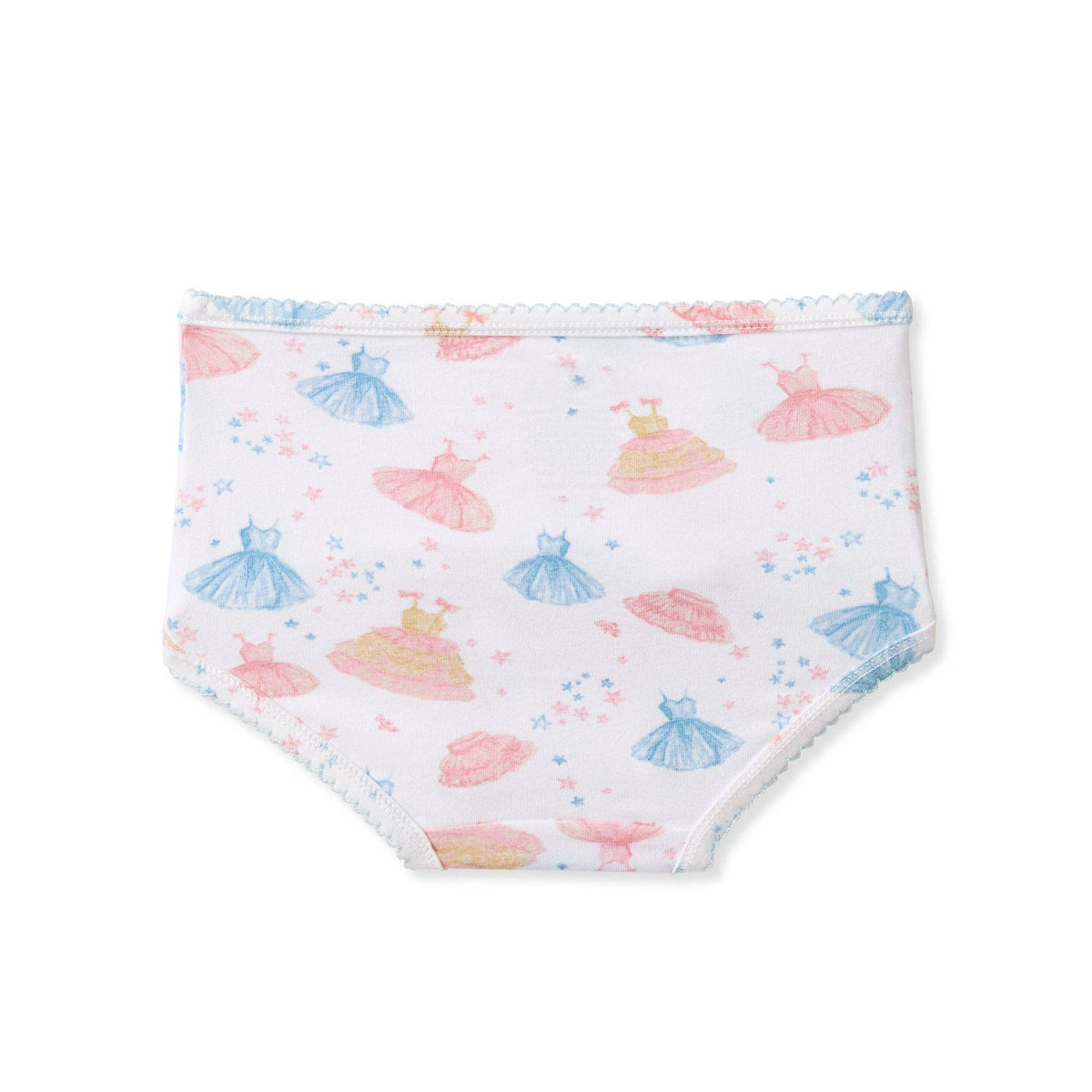 White cotton briefs for toddlers featuring a playful print of colorful princess dresses in pink, blue, and yellow, with a delicate scalloped edge.