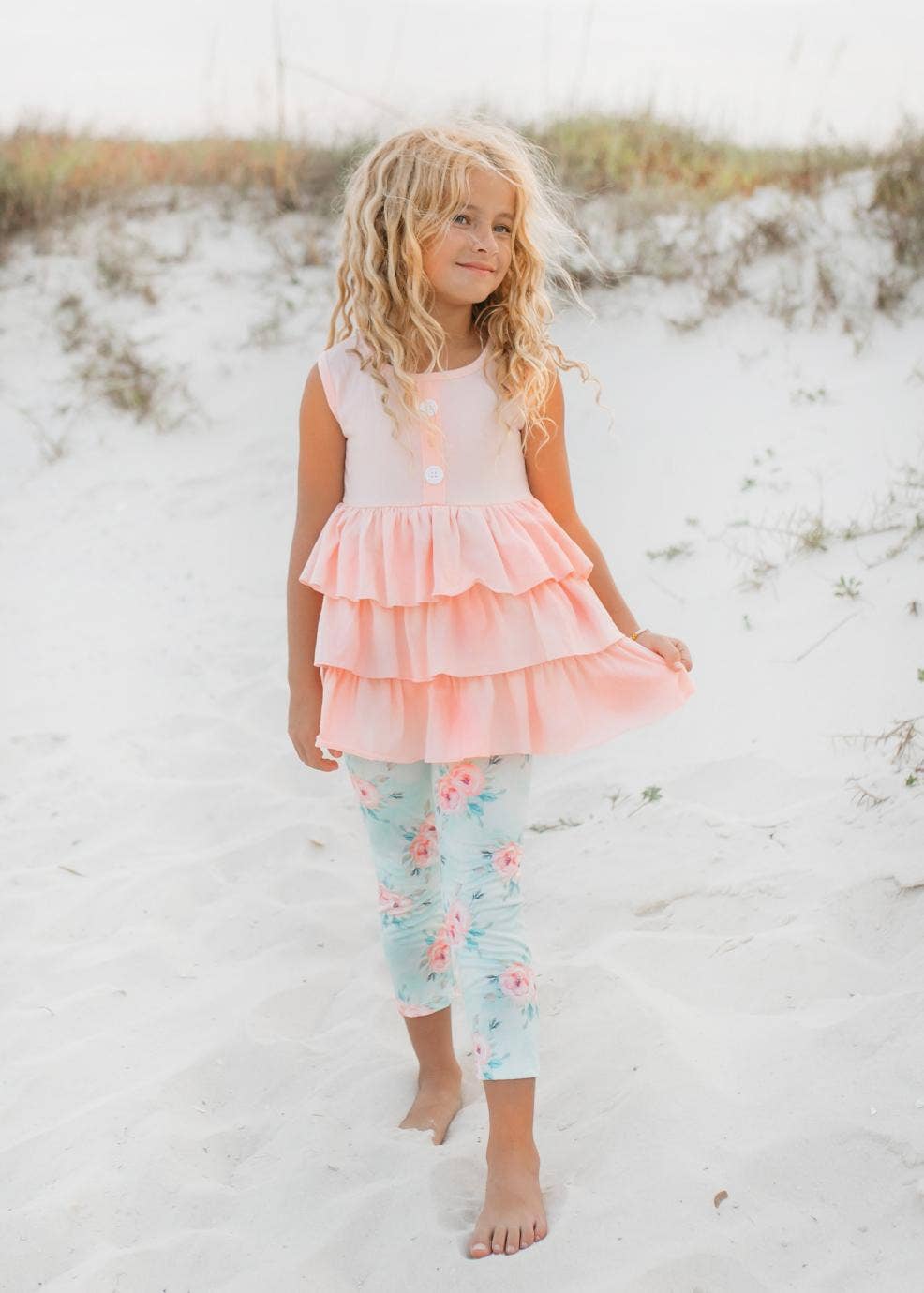 Adorable Sweetness - Kids Peach Teal Floral Tiered Ruffle Button Spring Set