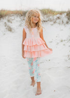 Adorable Sweetness - Kids Peach Teal Floral Tiered Ruffle Button Spring Set