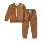Brown children's sweatshirt and pants set with a white football graphic on a white background.