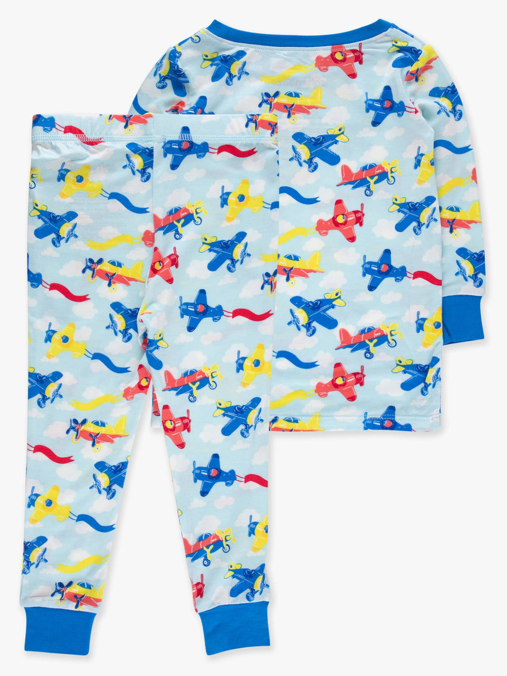 RuffleButts + RuggedButts - SoftSnooze™ Kids Bamboo Viscose Plane Parade Long Sleeve Pajama Set featuring colorful red, blue, and yellow planes on a soft light blue background with comfy blue cuffs, perfect for cozy bedtime in a curated children’s boutique style.