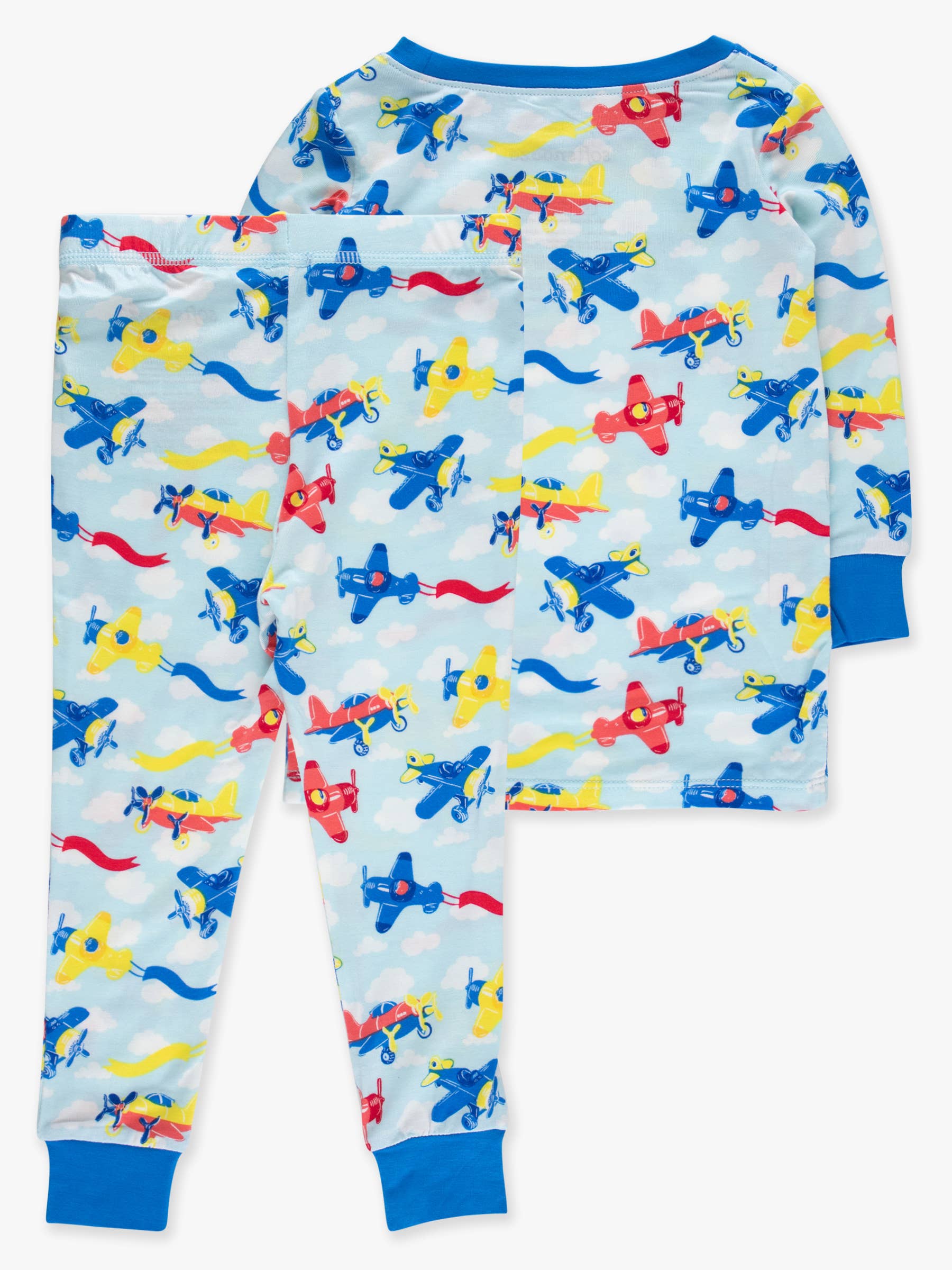 RuffleButts + RuggedButts - SoftSnooze™ Kids Bamboo Viscose Plane Parade Long Sleeve Pajama Set featuring colorful red, blue, and yellow planes on a soft light blue background with comfy blue cuffs, perfect for cozy bedtime in a curated children’s boutique style.