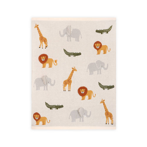 Viverano Organics - Savannah-Organic 3D Jacquard Sweater Knit Baby Blanket featuring cute giraffe, elephant, lion, and crocodile animal designs in soft neutral tones, perfect for cozy baby essentials.