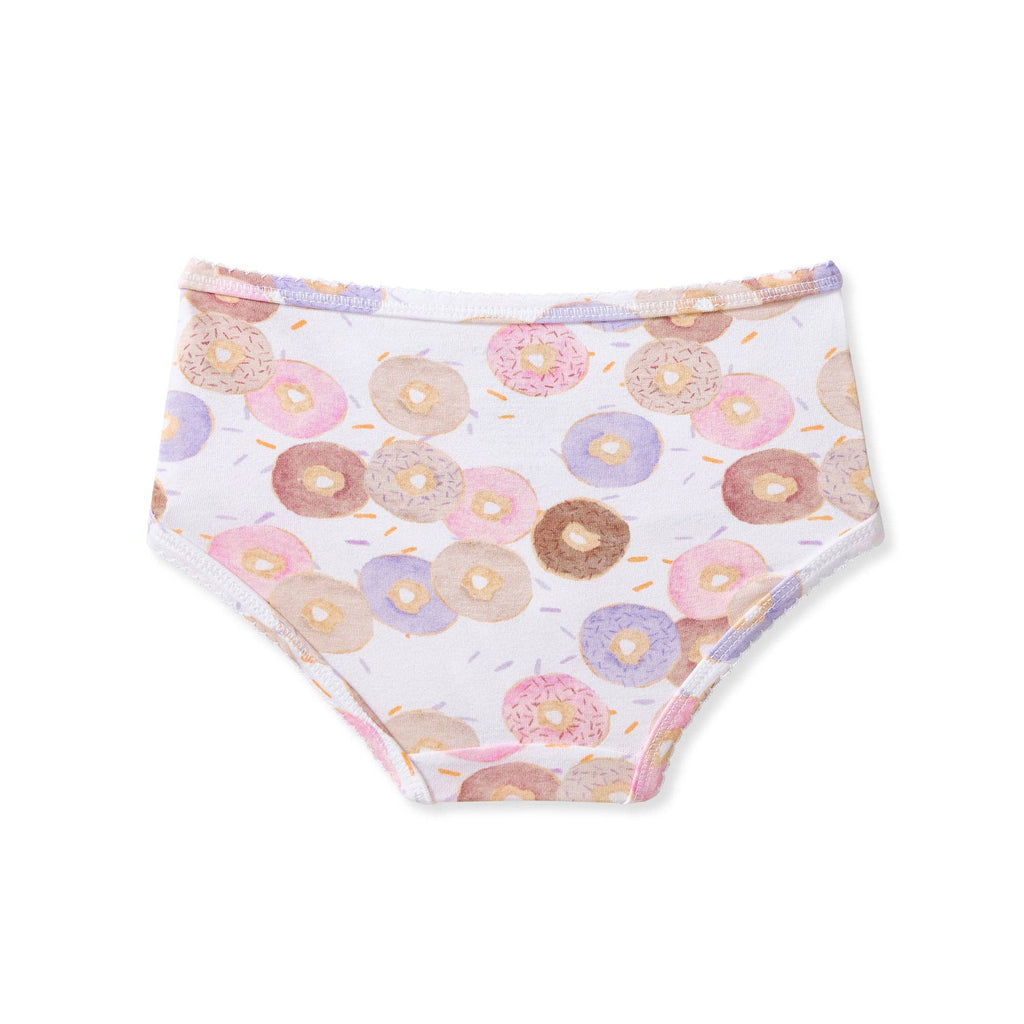 A pair of girl's briefs featuring a watercolor-style donut print on a white background, with a solid white waistband.