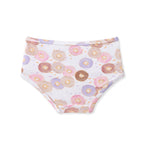 A pair of girl's briefs featuring a watercolor-style donut print on a white background, with a solid white waistband.
