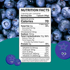 Nutrition facts label showing calories, fats, sodium, carbohydrates, protein, vitamins, and minerals on a background of fresh blueberries, representing Sophie's Organics - Cool (6 Pack).