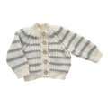 The Blueberry Hill - Rib Knit Stripe Cardigan, Bowie Grey Baby Kid Sweater Basics in soft cream and grey hues, featuring cozy rib knit fabric and wooden buttons, perfect for stylish kids clothing.