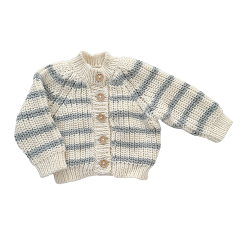 The Blueberry Hill - Rib Knit Stripe Cardigan, Bowie Grey Baby Kid Sweater Basics in soft cream and grey hues, featuring cozy rib knit fabric and wooden buttons, perfect for stylish kids clothing.