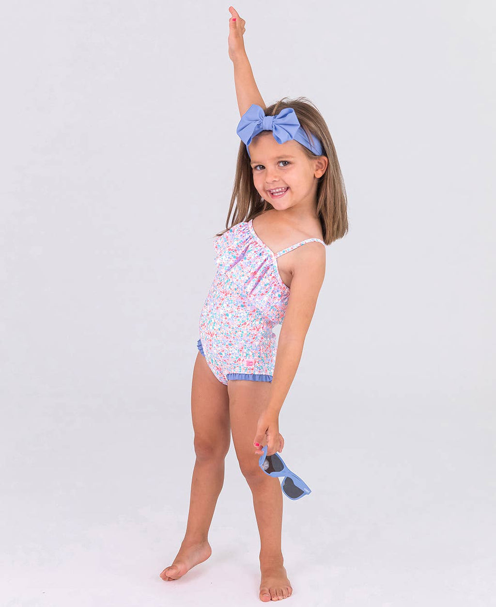 RuffleButts + RuggedButts - Girls Sparkle Shimmer On Single Ruffle One Piece Swimsuit: Blue / 12-18m