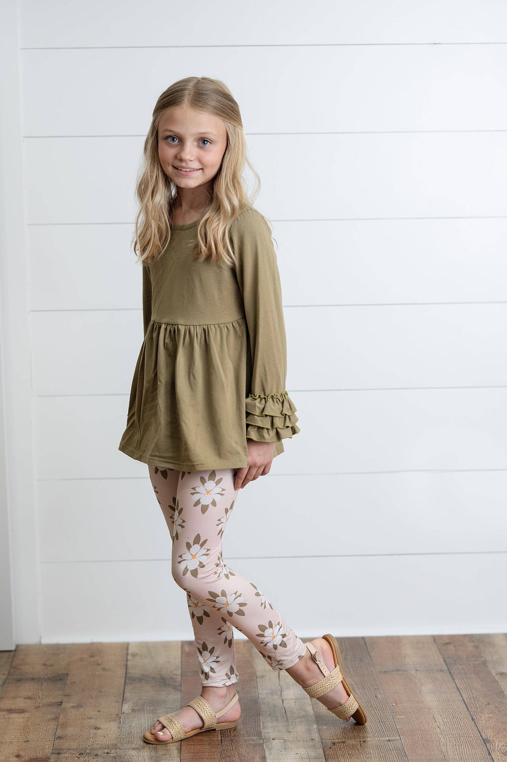 Adorable Sweetness - Girls Sage Green 3 Ruffles Shirt & Floral Leggings Fall Set