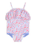 RuffleButts + RuggedButts - Girls Sparkle Shimmer On Single Ruffle One Piece Swimsuit: Blue in a playful multicolor dot pattern with soft blue ruffled leg openings, perfect for stylish kids clothing from a curated children’s boutique.