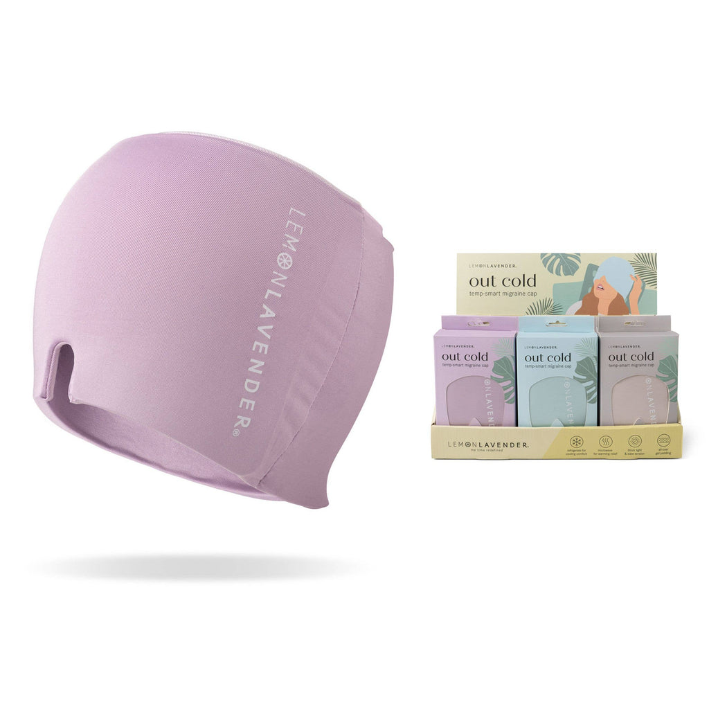 Lemon Lavender - Out Cold Temp-Smart Migraine Cap in soft lavender color next to packaging display, part of curated children’s boutique and mom life essentials collection.