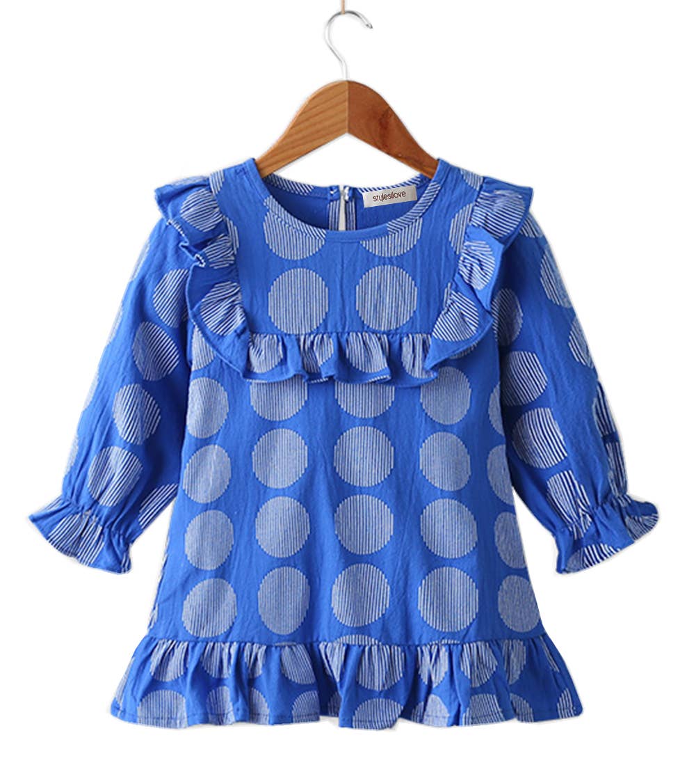 Fennco Styles - Blue Patterned Ruffle Girl Dress: 2-3T