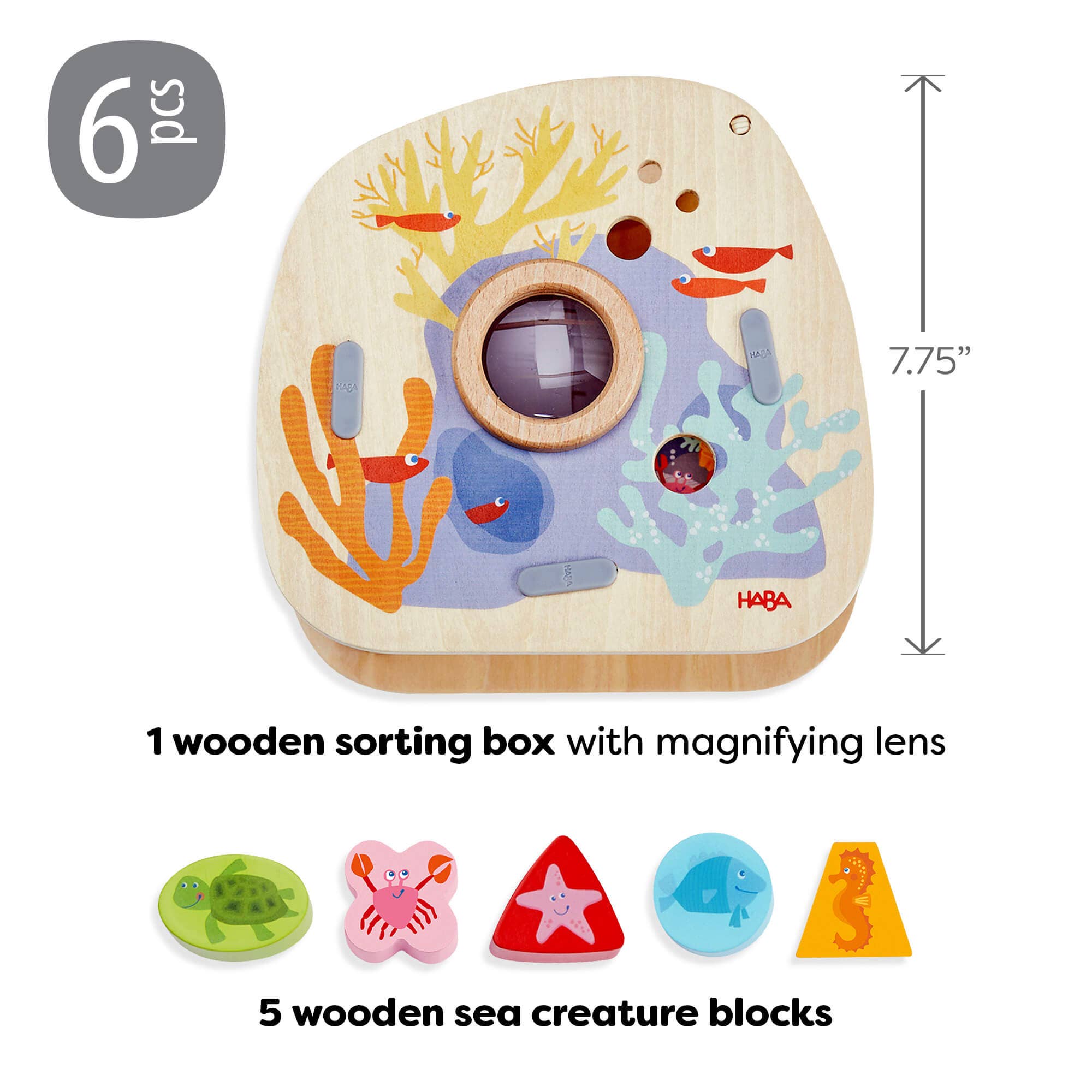 Underwater World Wooden Shape Sorter featuring a wooden sorting box with magnifying lens and five colorful sea creature blocks, designed for imaginative play and sensory learning.