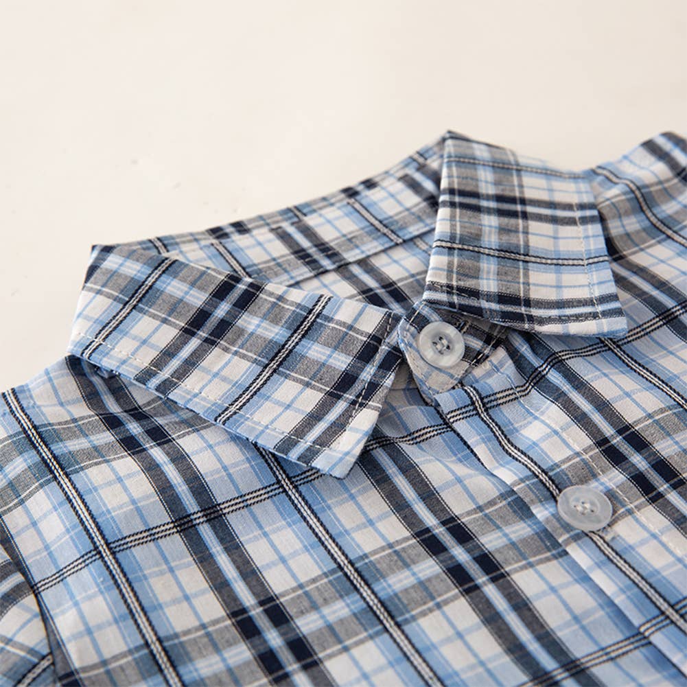 Fennco Styles - Blue Plaid Boy Cotton Button-Down Short-Sleeve Dress Shirt: 120/4-5T