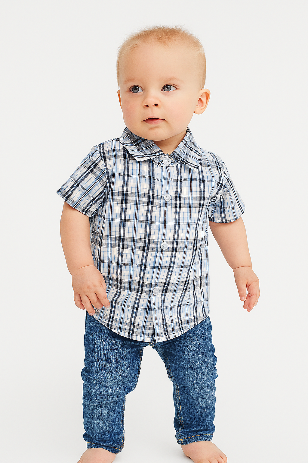 Fennco Styles - Blue Plaid Boy Cotton Button-Down Short-Sleeve Dress Shirt: 110/3-4T