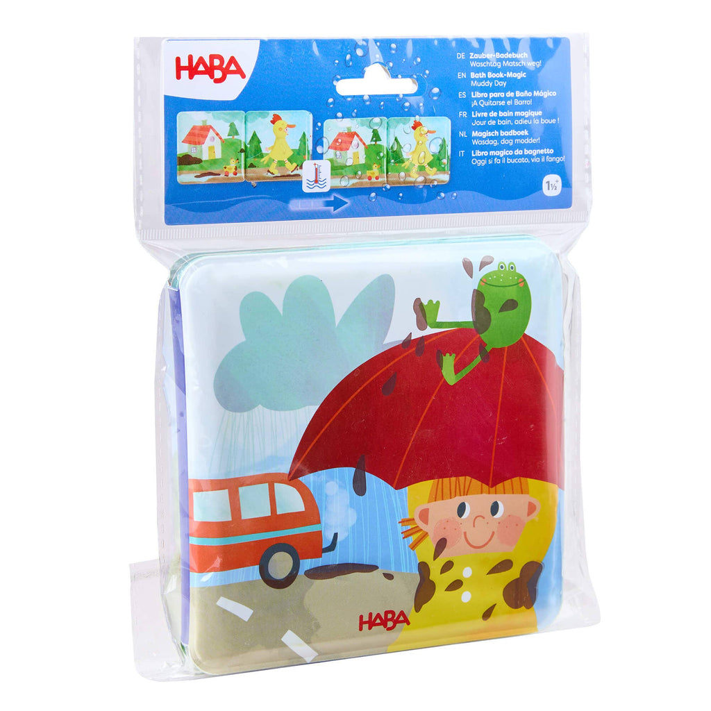 Magic Muddy Day Color Changing Bath Book by HABA featuring a playful child with a red umbrella and frog illustration, designed for imaginative play and sensory learning.