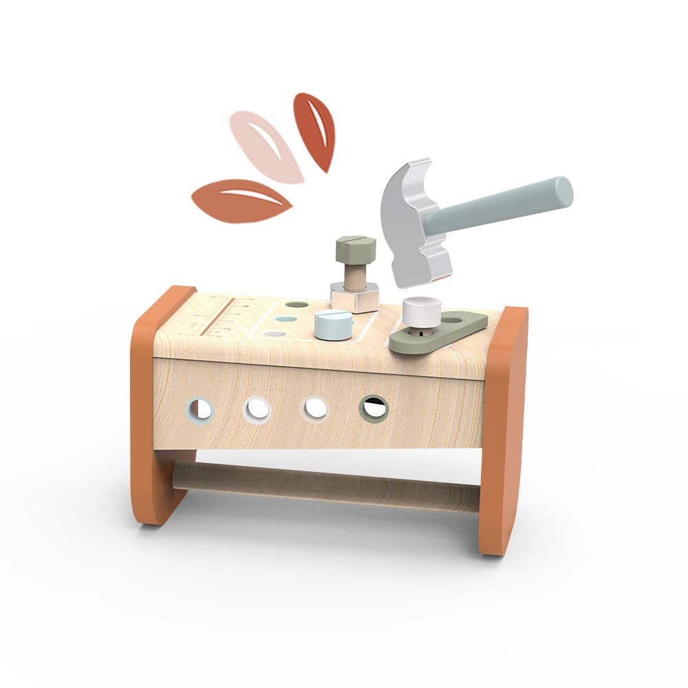 Wooden toy workbench with pegged nuts and bolts and a hammer in mid-air, designed for imaginative play in the Speedy Monkey - Toolbox - Workbench collection.
