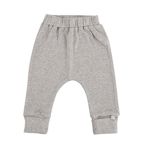 Soft breathable grey pants for infants featuring a comfortable elastic waistband and cuffs, Finn + Emma - Baby cuffed pants | heather organic, ideal for stylish kids clothing and cozy baby essentials.