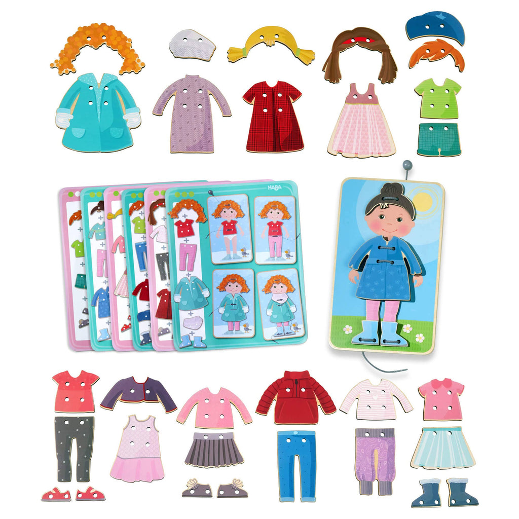 Dress Me Threading & Lacing Game with colorful wooden pieces of clothing, accessories, and character cards designed for imaginative play and fine motor skill development in children.